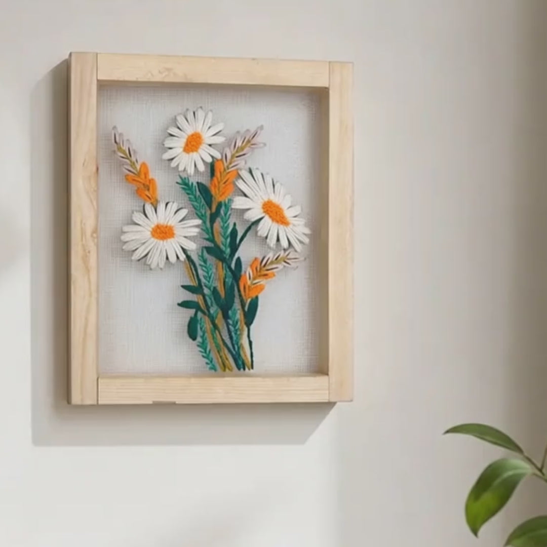 White Daisy Floral Embroidered Wall Hanging with Wooden Frame | 10×12 Inch