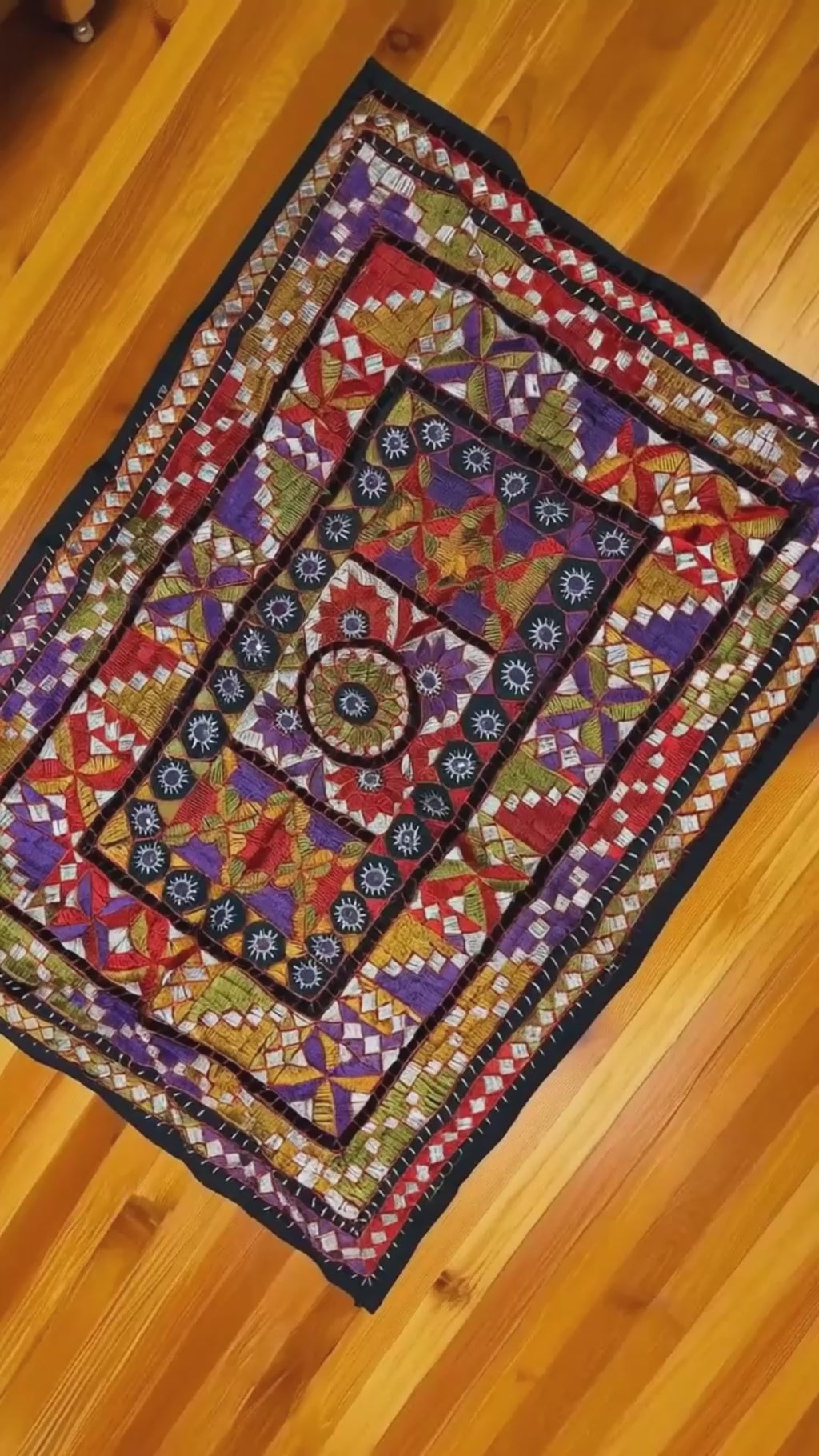 Multicolor Geometric Ralli Quilt – Vintage Patchwork, Embroidery, Mirror Work, Handmade by Craftswomen from Thar Desert, Sindh, Pakistan