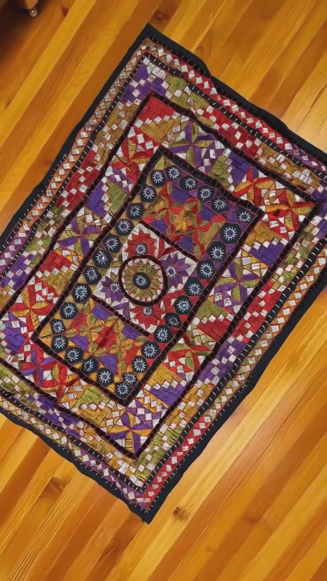 Multicolor Geometric Ralli Quilt – Vintage Patchwork, Embroidery, Mirror Work, Handmade by Craftswomen from Thar Desert, Sindh, Pakistan