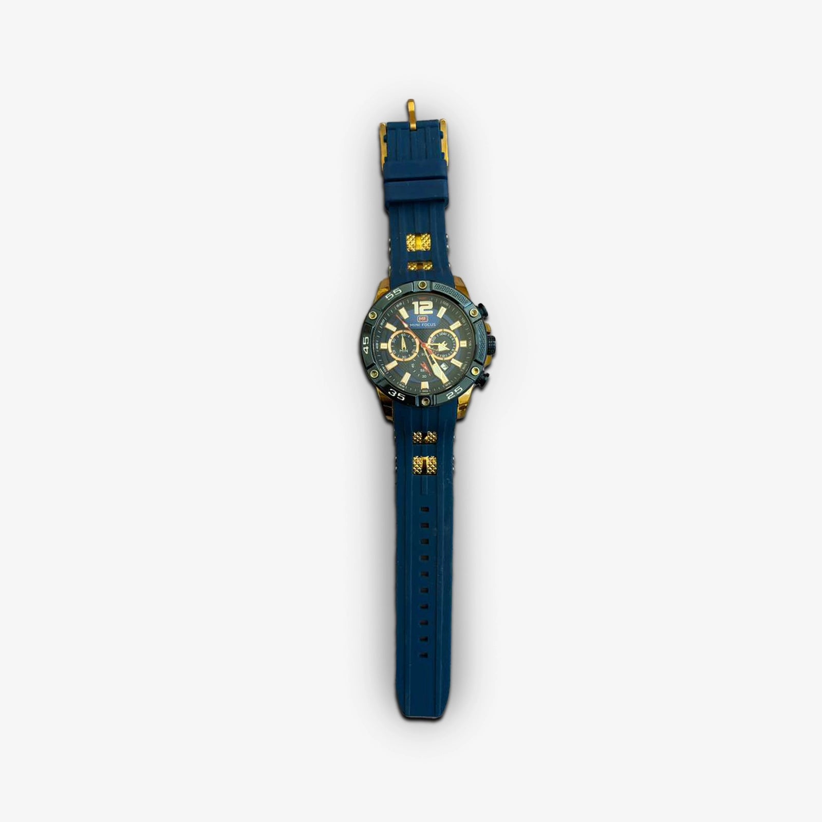 Mini Focus Men’s Blue & Gold Chronograph Sport Watch – Quartz, Silicone Strap