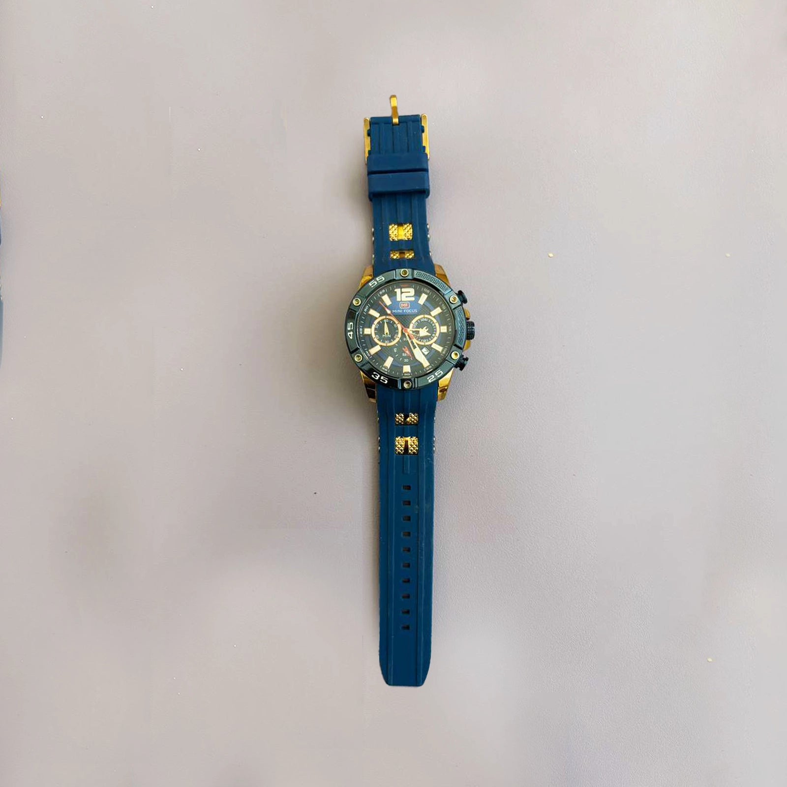 Mini Focus Men’s Blue & Gold Chronograph Sport Watch – Quartz, Silicone Strap