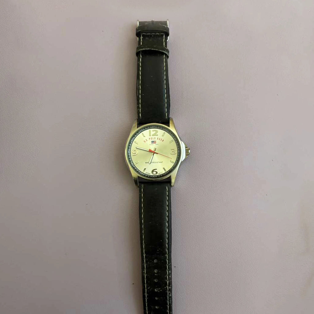 U.S. Polo Assn. Men’s Quartz Watch – Silver Case, Cream Dial, Black Leather Strap