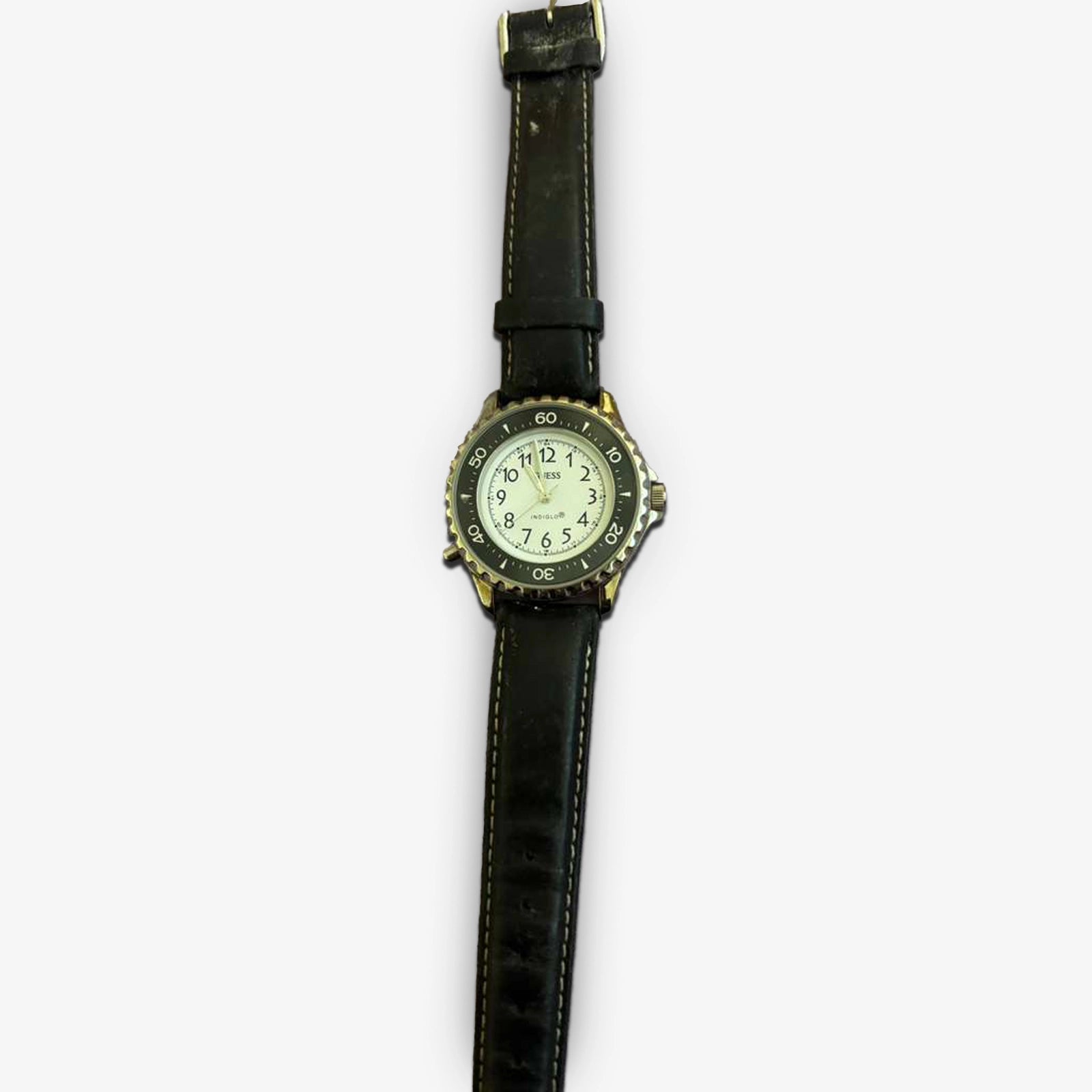 Timex Men’s INDIGLO Diver‑Style Watch – Black Bezel, White Dial, Leather Strap