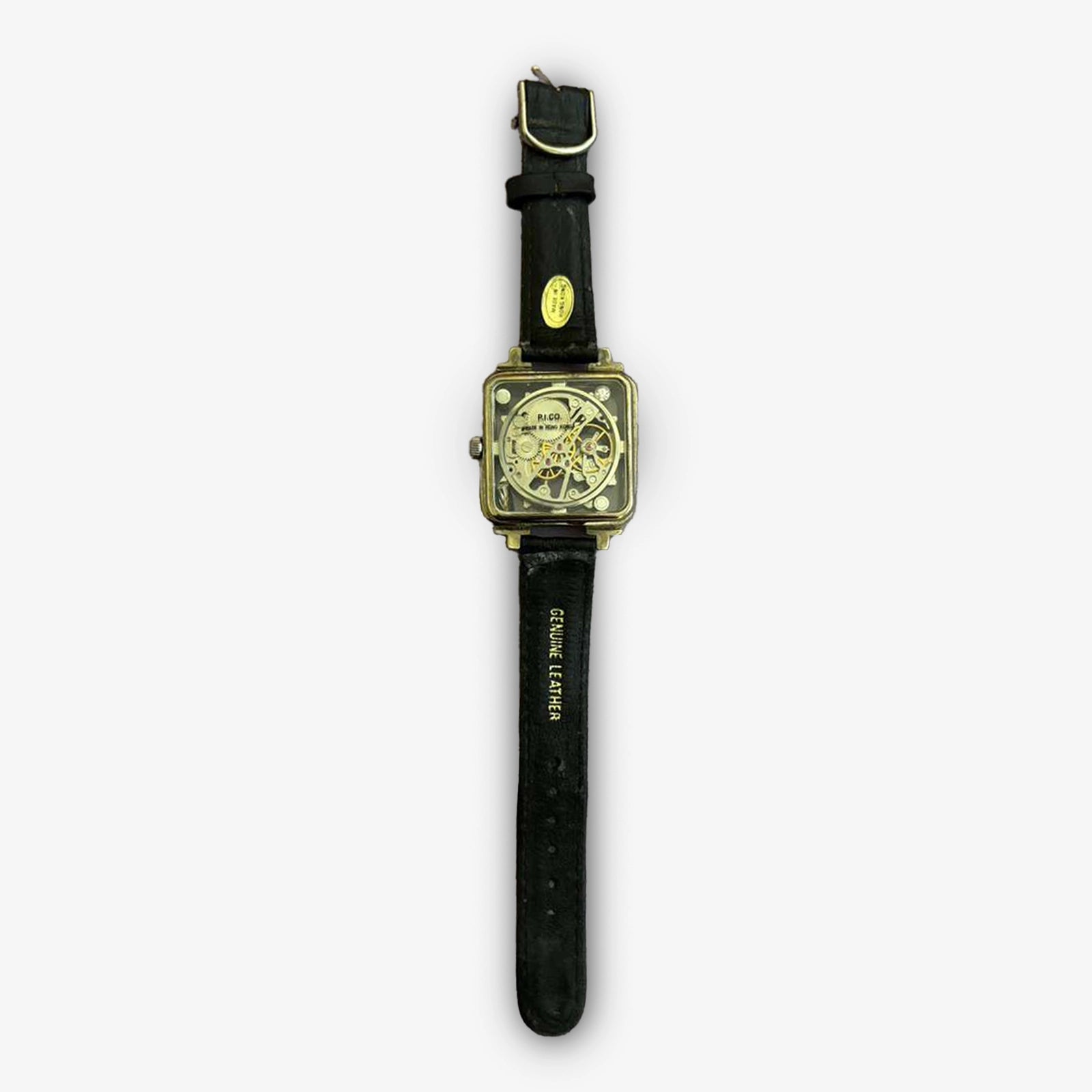 Vintage PICO Skeleton Mechanical Watch – Square Gold‑Tone Case, Hong Kong, Black Leather Strap