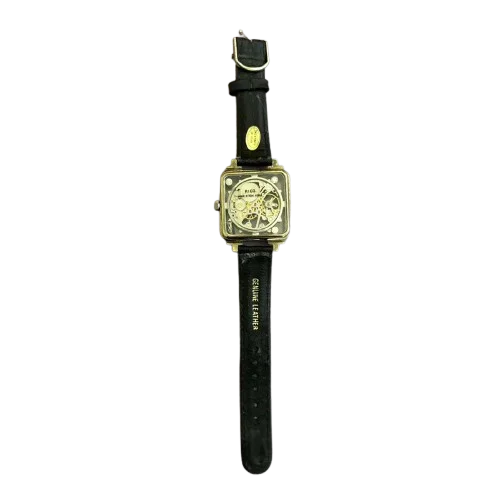 Vintage PICO Skeleton Mechanical Watch – Square Gold‑Tone Case, Hong Kong, Black Leather Strap