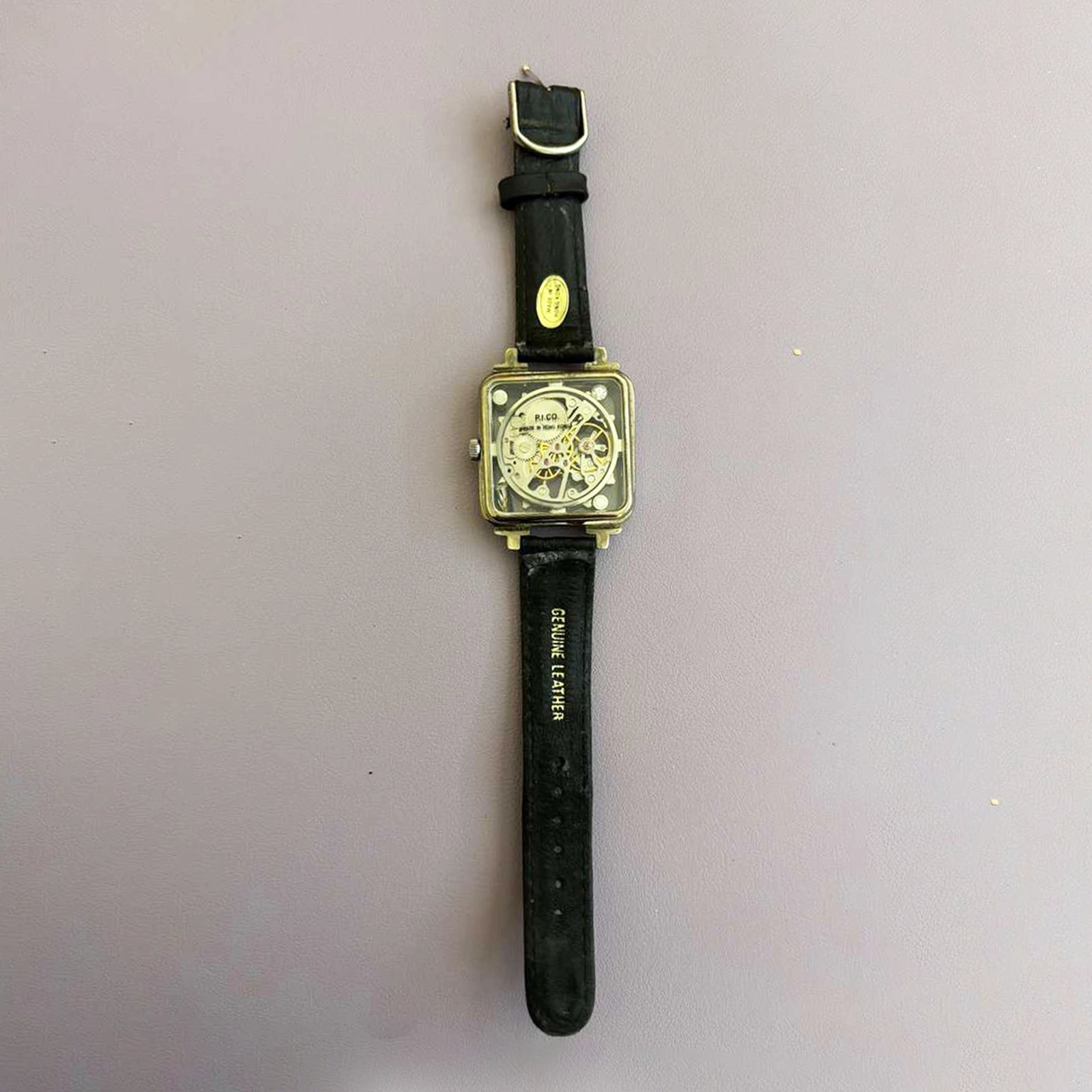 Vintage PICO Skeleton Mechanical Watch – Square Gold‑Tone Case, Hong Kong, Black Leather Strap