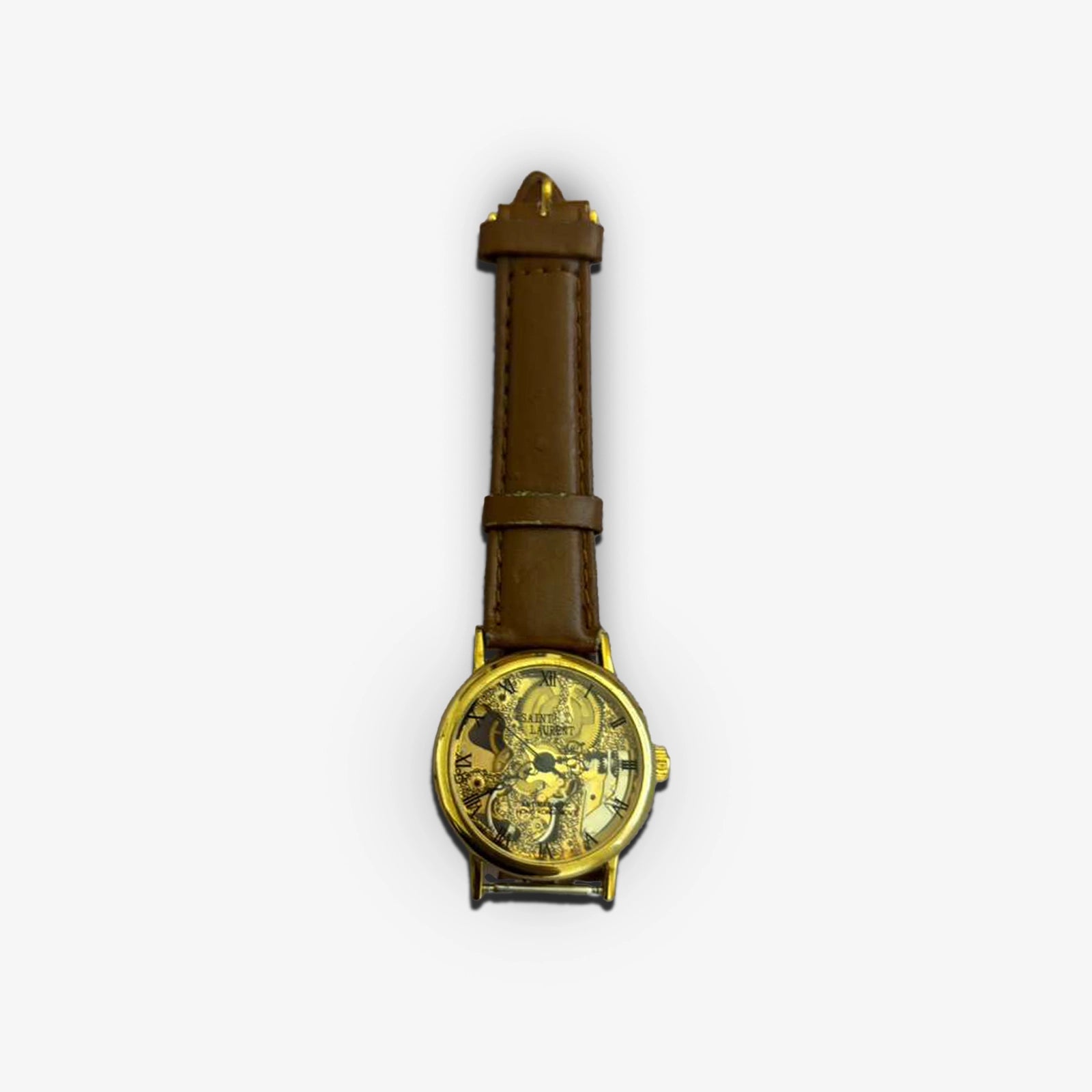 Vintage Saint Laurent Co. Skeleton Mechanical Watch – Gold‑Tone Case, Brown Leather Strap
