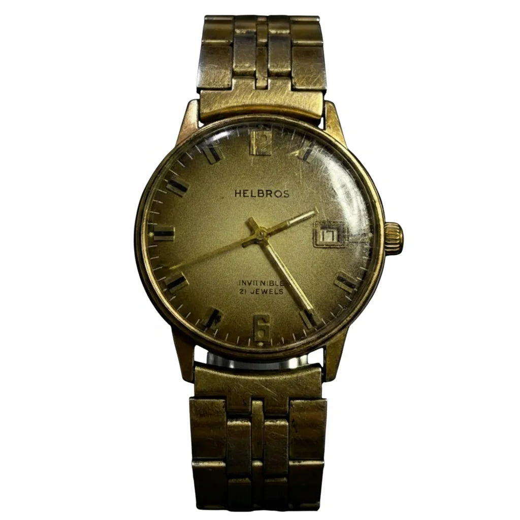 Helbros Invincible 21‑Jewel Men’s Watch, 14K Solid Gold Case, Manual Wind, Vintage 1950s–60s