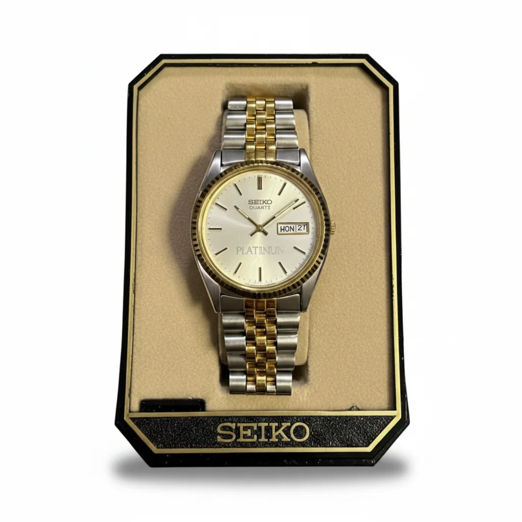 Seiko Quartz Day‑Date Men’s Watch, Two‑Tone Jubilee Bracelet, Silver “Platinum” Dial, Boxed, 1990s