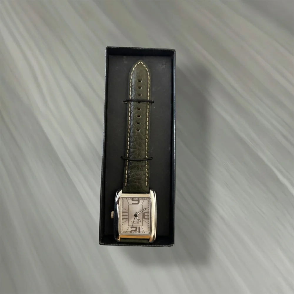 Women’s Rectangular Silver‑Dial Quartz Watch, Oversized Numerals, Olive Leather Strap, Boxed Set