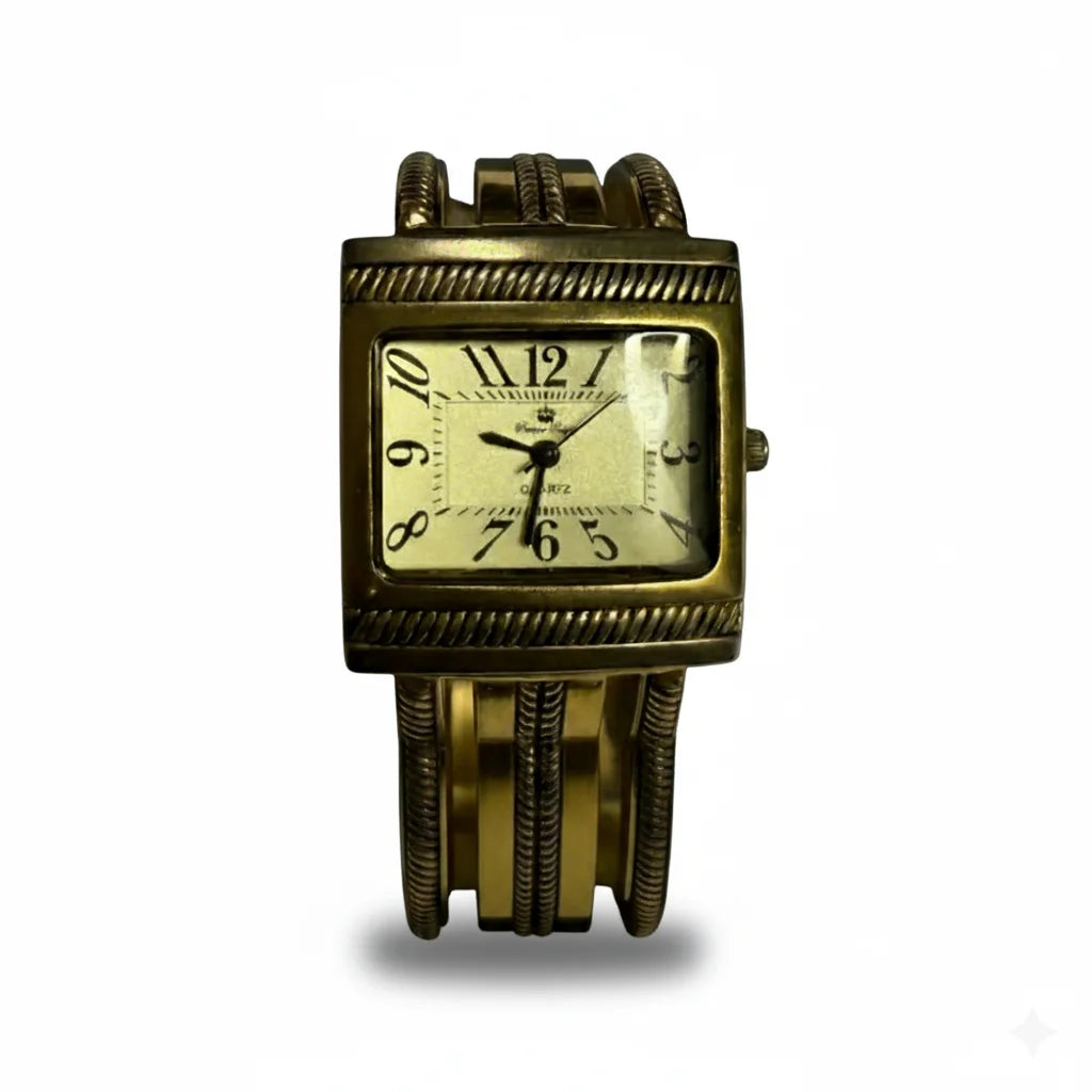 Vintage gold‑tone bangle cuff quartz watch, square rope‑edge bezel, 14K gold‑plated/filled style, retro fashion jewelry